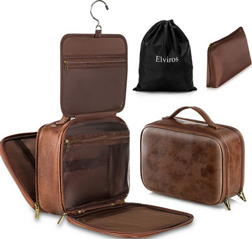 Elviros Toiletry Bag 2 in 1 Hanging Water-resistant Leather Cosmetic Bags Organizer