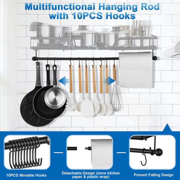 ETECHMART 3 IN 1 Pot Rack Wall Mounted with 2PCS Pan Lid Racks
