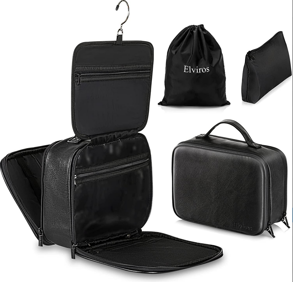Elviros Toiletry Bag 2 in 1 Hanging Water-resistant Leather Cosmetic Bags Organizer