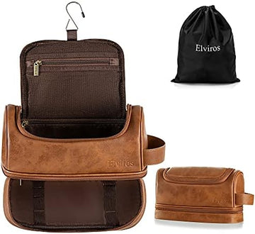 ETECHMART Toiletry Bag Leather Travel Organizer Kit with hanging hook Water-resistant