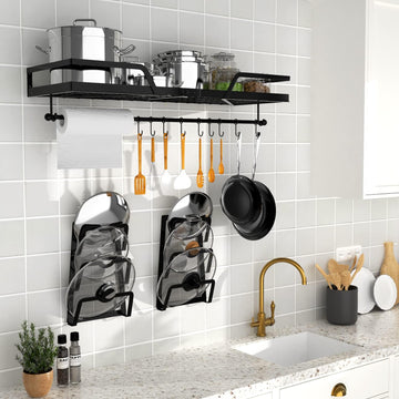 ETECHMART Hanging Pot Rack, 3 in 1 Wall Mounted Pan Holder with 10 Hooks,  Heavy Duty Iron Dish Rack Cookware Organizer, Kitchen Storage Shelf for  Utensils, 2 Installation Way, Easy Assembly, Black - Yahoo Shopping