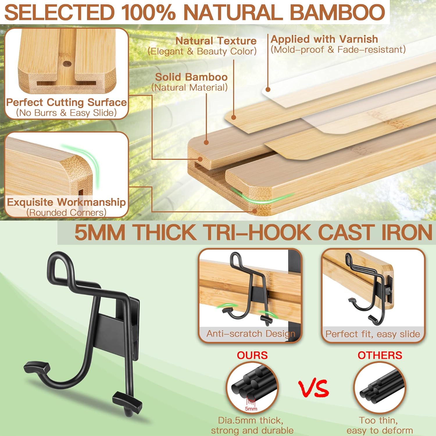 ETECHMART Bamboo Door Hanger with 4 Adjustable Tri Hooks