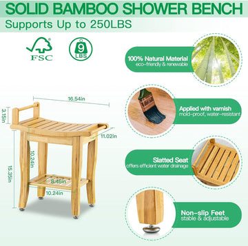 ETECHMART 16.5 Inch curve Bamboo Shower Bench with 2-Tier Storage Shelf