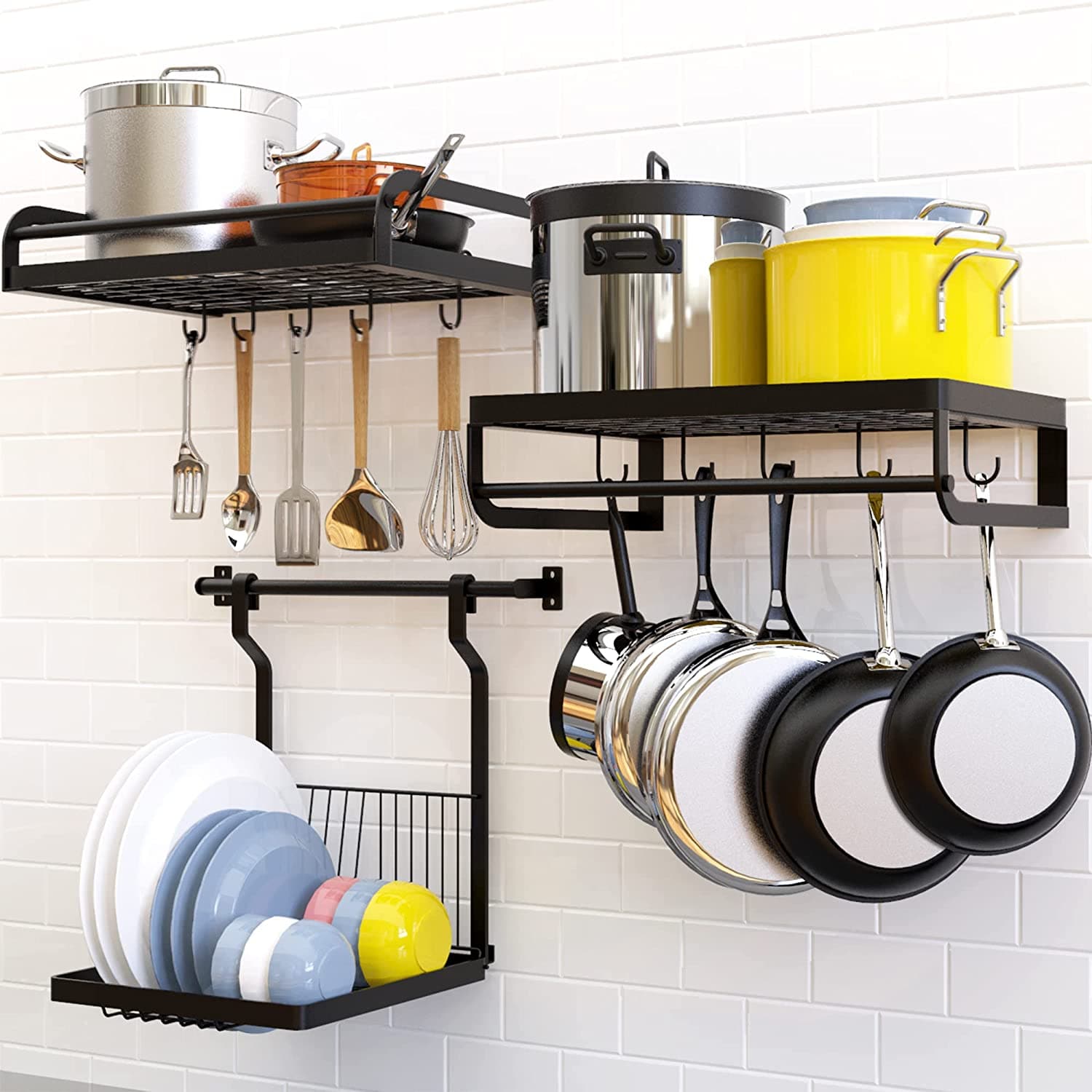 Etechmart Hanging Pot Rack,3 In 1 Wall Mounted Pan Pot Holder with 10PCS S-shaped Hooks