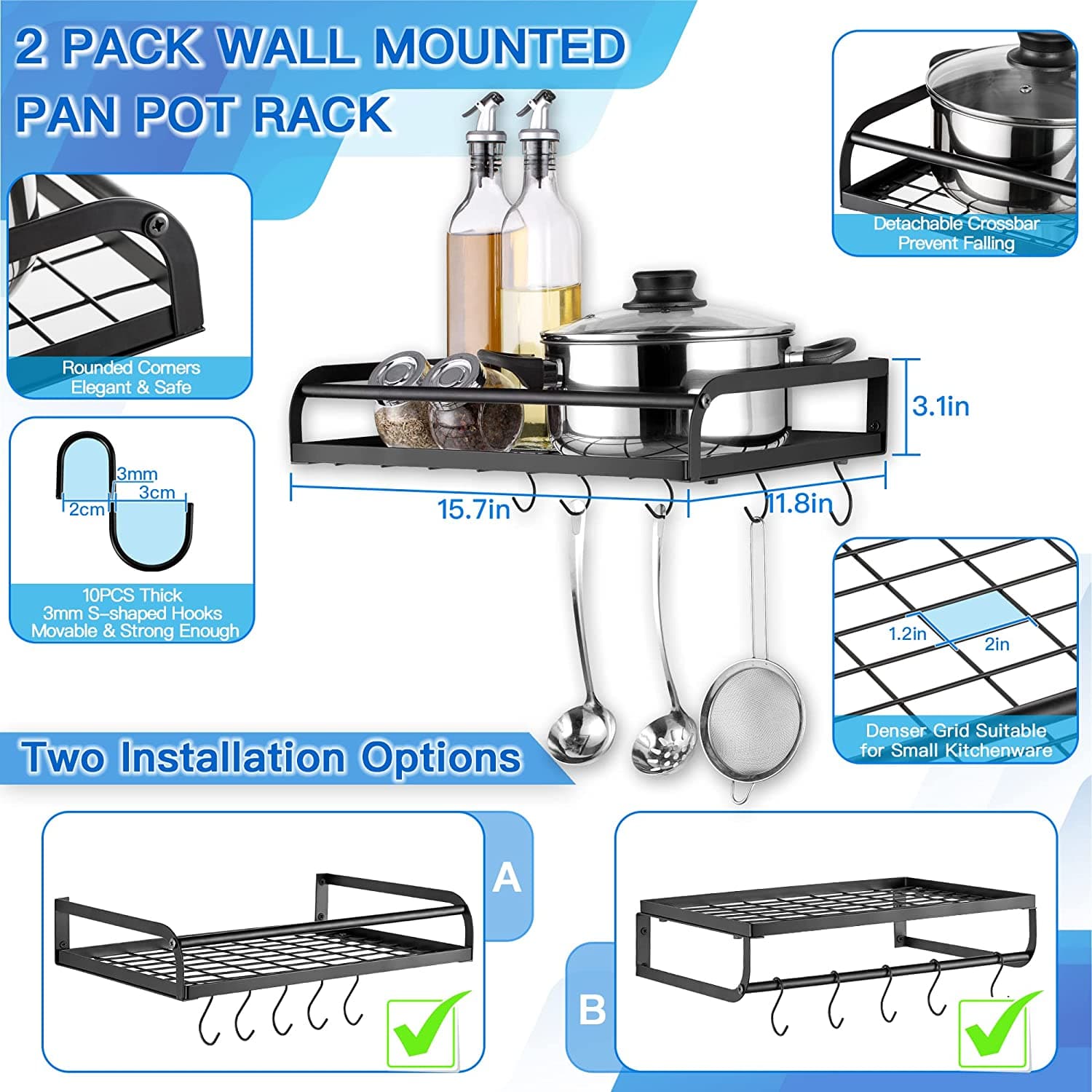 Etechmart Hanging Pot Rack,3 In 1 Wall Mounted Pan Pot Holder with 10PCS S-shaped Hooks