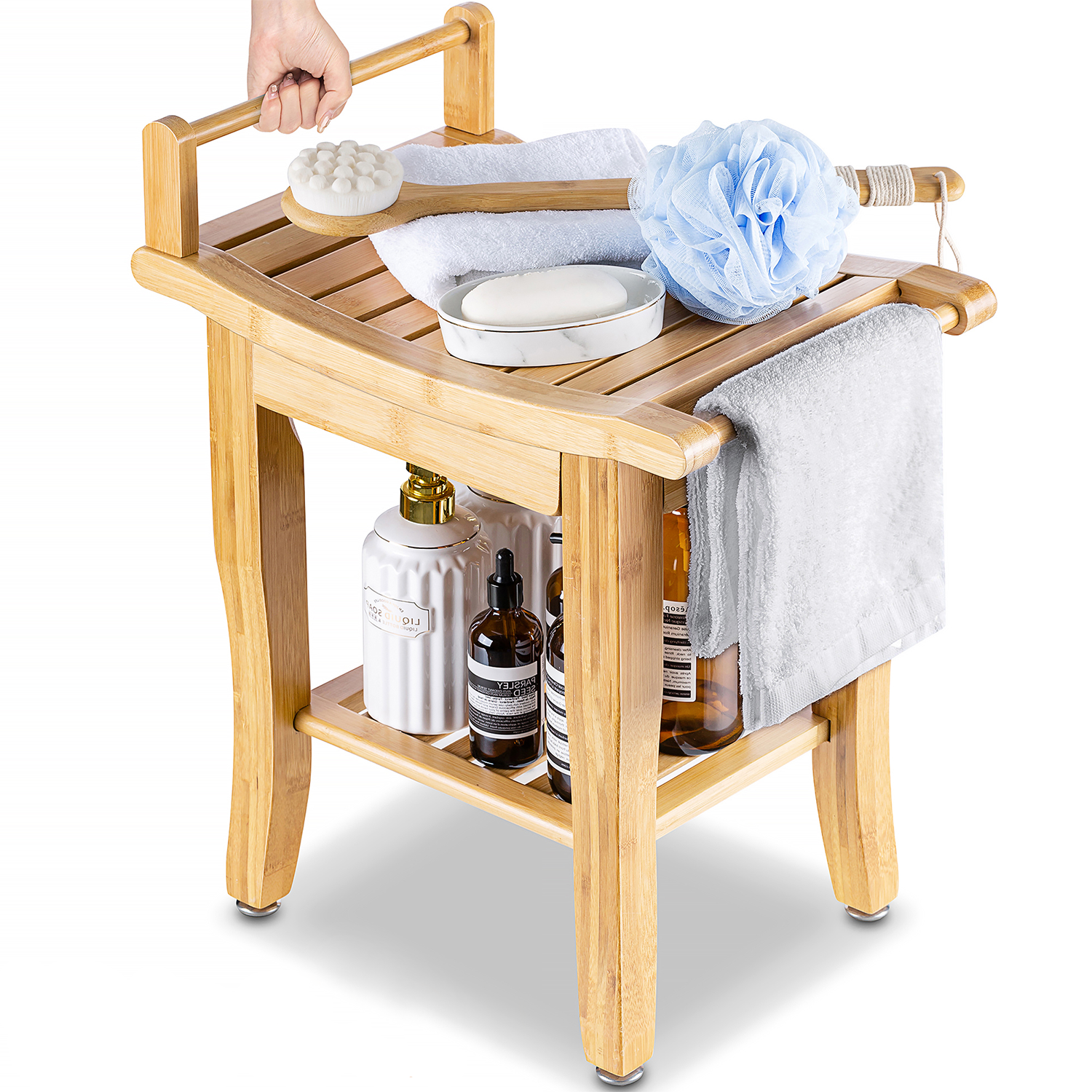 Etechmart 16.5 Inch Bamboo Shower Bench,Stool with Storage Shelf & Grab Bar