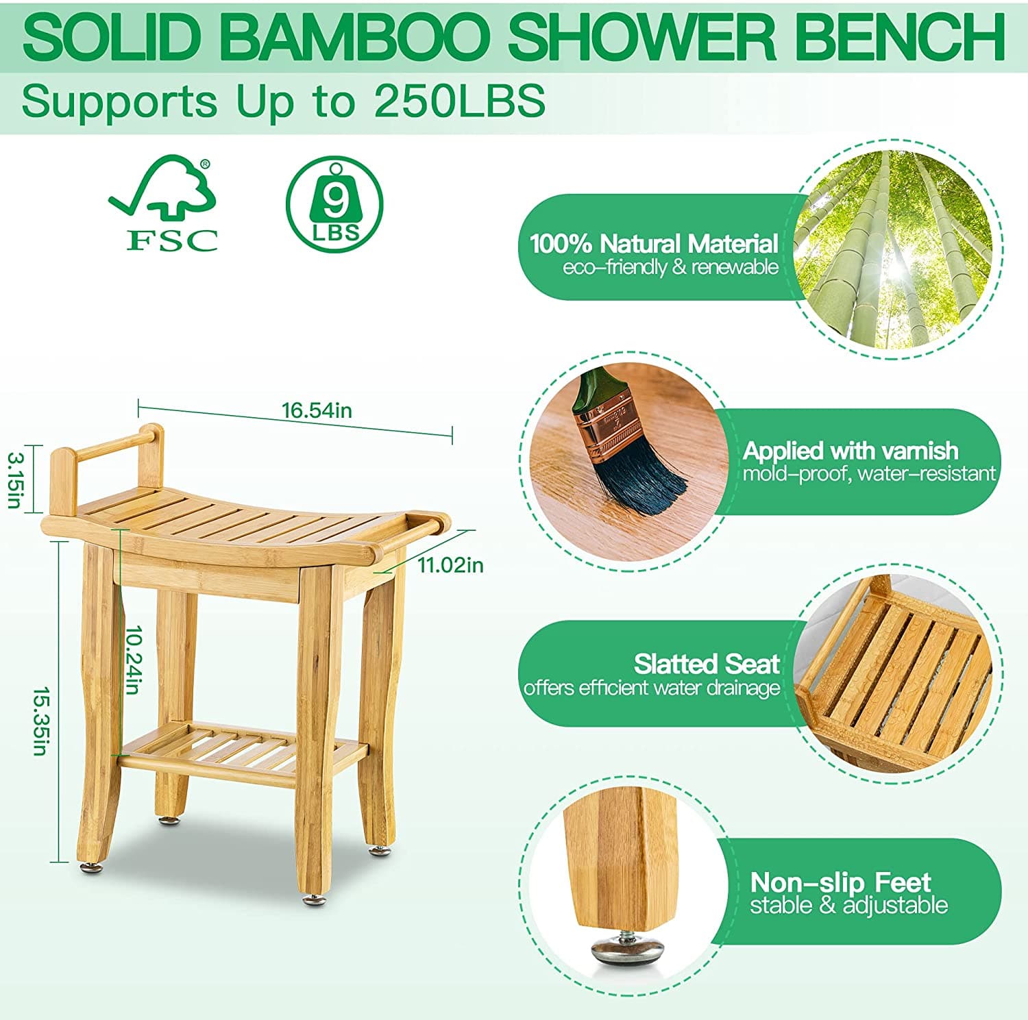 Etechmart 16.5 Inch Bamboo Shower Bench,Stool with Storage Shelf & Grab Bar