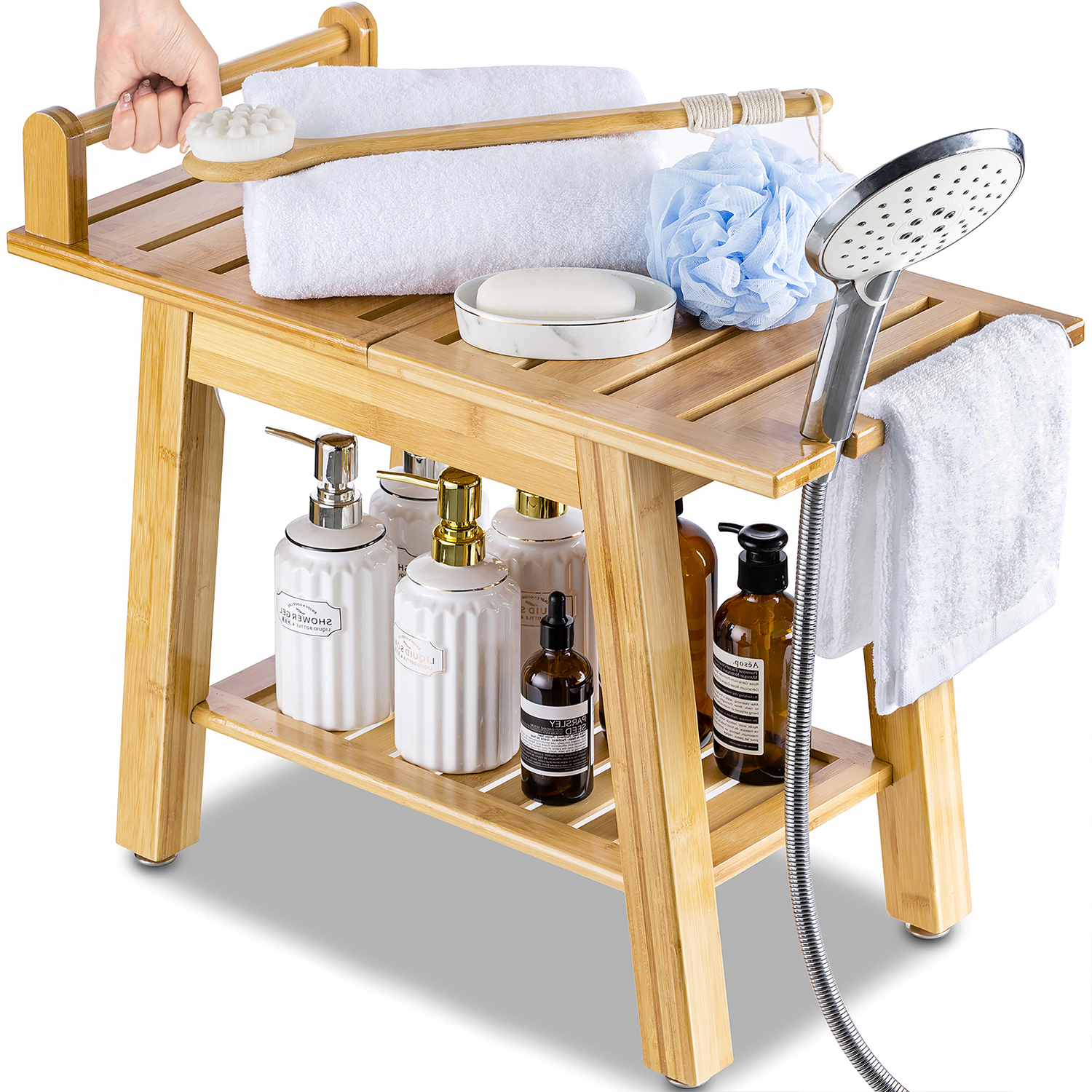 Etechmart 24 Inch A-Shaped Bamboo Shower Bench,Newly Upgraded & WidenedI with 2-Tier Storage Shelf and Handle