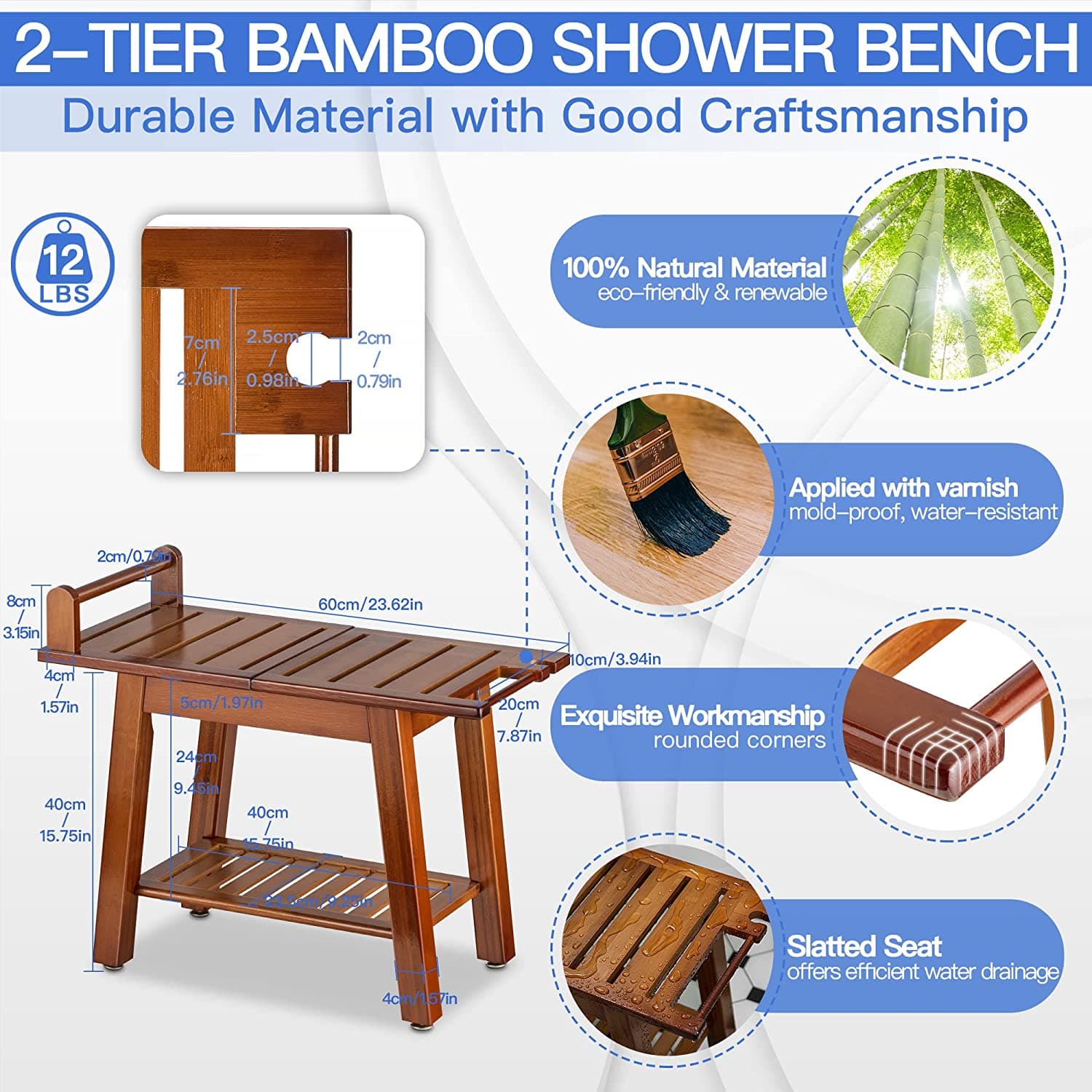 Etechmart 24 Inch A-Shaped Bamboo Shower Bench,Newly Upgraded & WidenedI with 2-Tier Storage Shelf and Handle