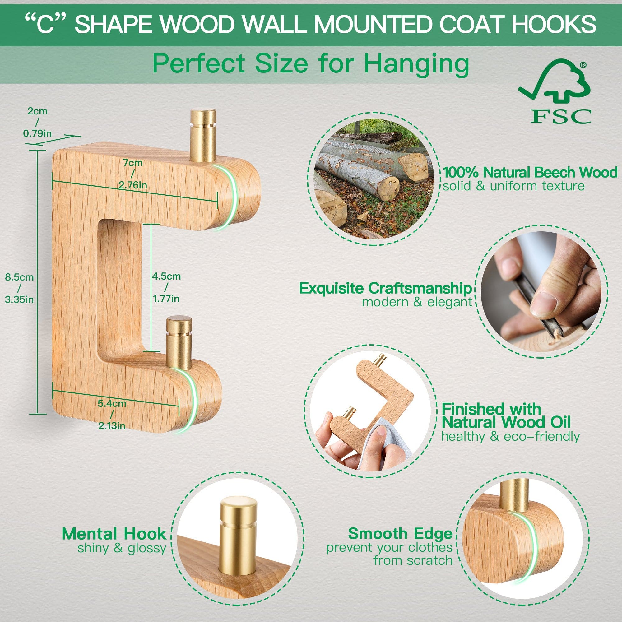 Etechmart C Wood Wall Hooks 4PCS Modern Coat Hooks
